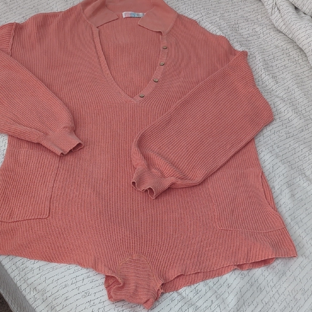 Orange V-Neck Ribbed Knit Sweater
